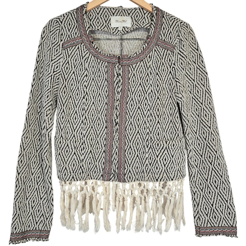Miss Me Geometric Diamond Fringe‎ Cropped Jacket Cardigan Sweater Women Size M